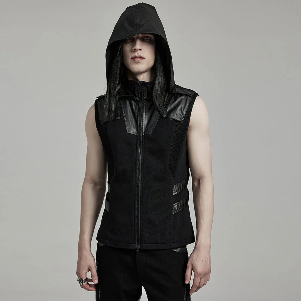 Men s Punk Mesh Splice Faux Leather Vest with Hood Twisted Habits
