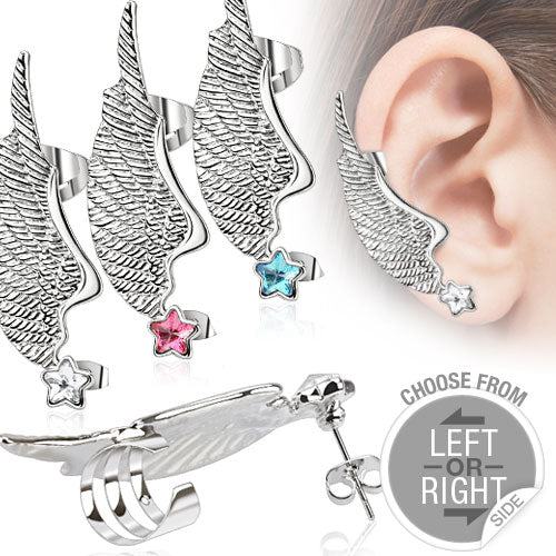 CLEARANCE - LEFT EAR Angel Wing Ear Cuff with Star CZ Stud Earring