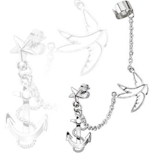 CLEARANCE - Star Stud Chain Earring with Swallow and Anchor Dangles with End Clip Ear Cuff
