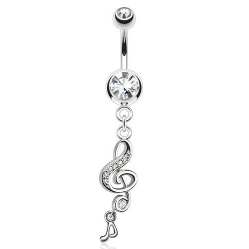 CLEARANCE - Clear / White - Treble Clef with Paved CZ Gems and Music Note Belly / Navel Ring