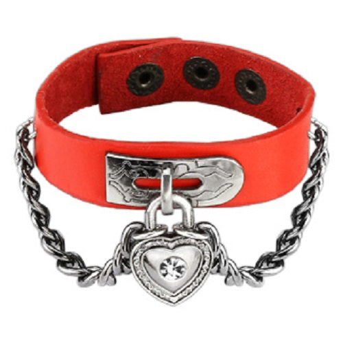 CLEARANCE - Red Leather Bracelet with Chain Linked CZ Heart Lock Charm