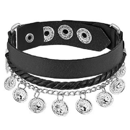 CLEARANCE - Black Leather Braided Bracelet with Coin Medallion Charms