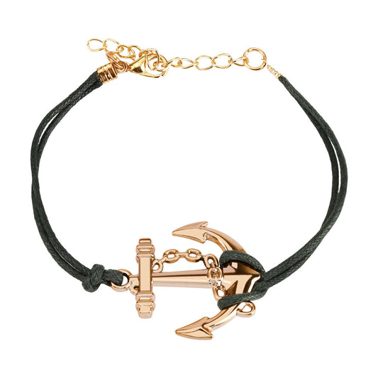 CLEARANCE - Gold Plated Steel Anchor Black Leather Bracelet Leather