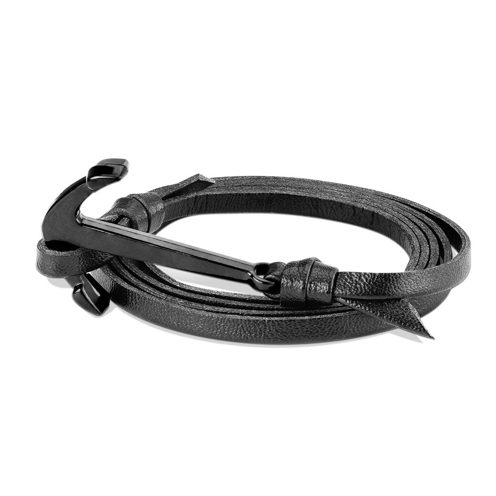 CLEARANCE - Black Plated Steel Anchor Leatherette Bracelet