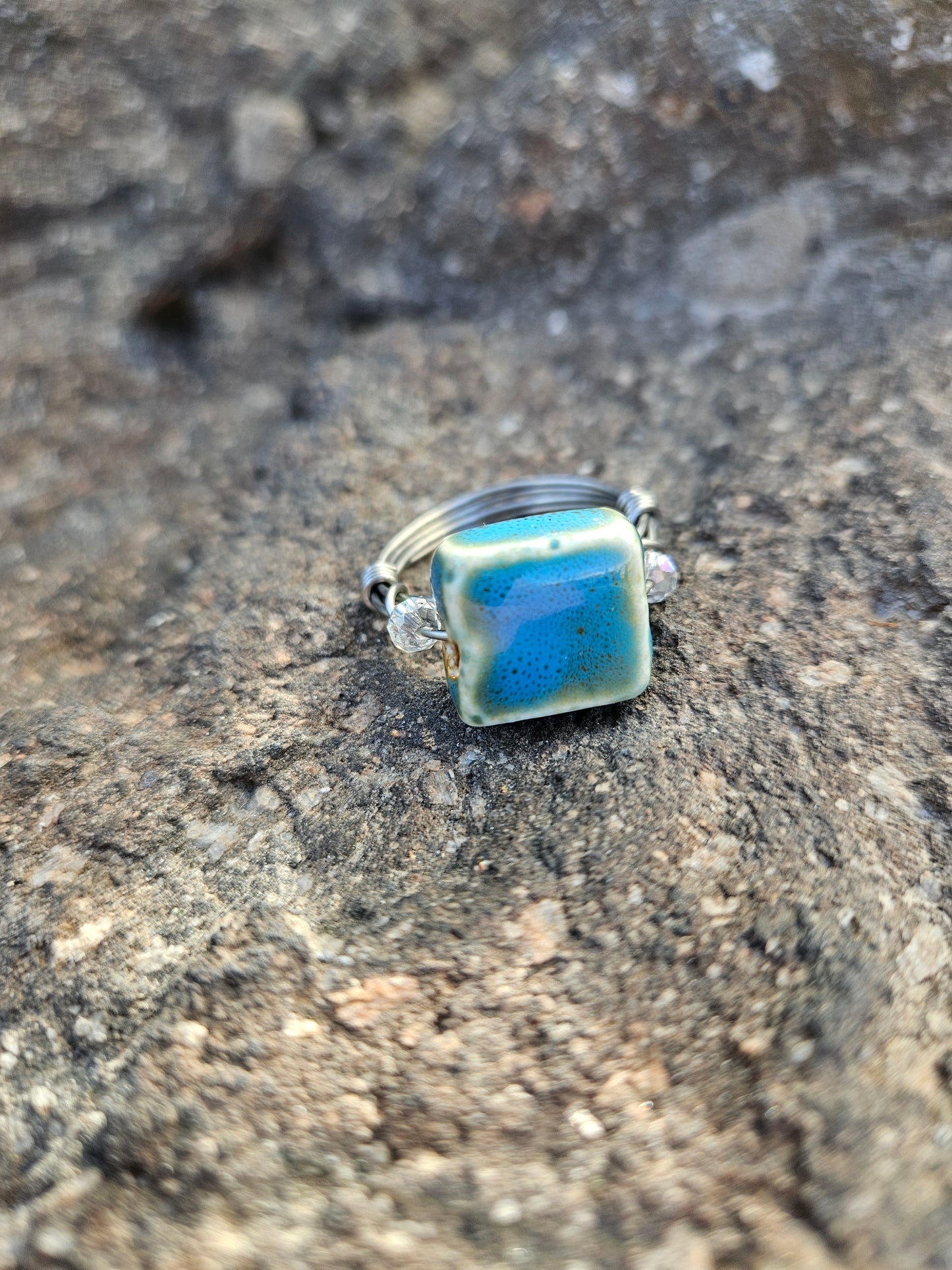 Turquoise Glass Square in Stainless Steel Wire Wrapped Ring