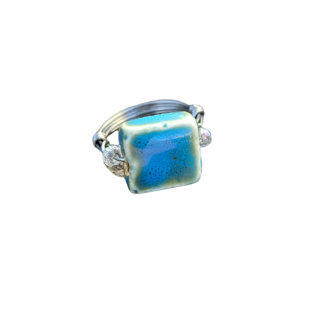 Turquoise Glass Square in Stainless Steel Wire Wrapped Ring