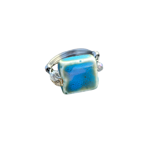 Turquoise Glass Square in Stainless Steel Wire Wrapped Ring