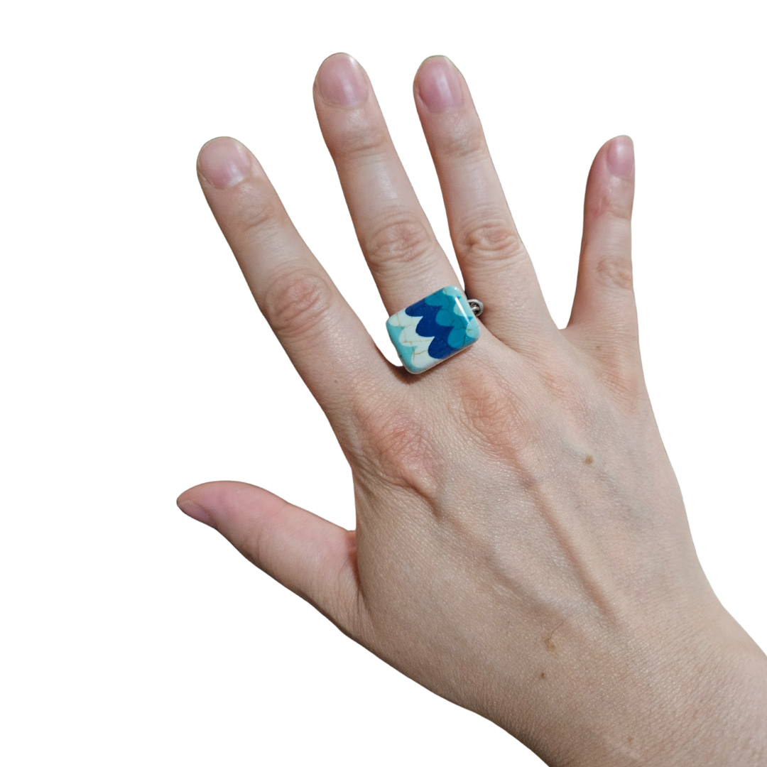 Blue Wave Glass in Stainless Steel Wire Wrapped Ring