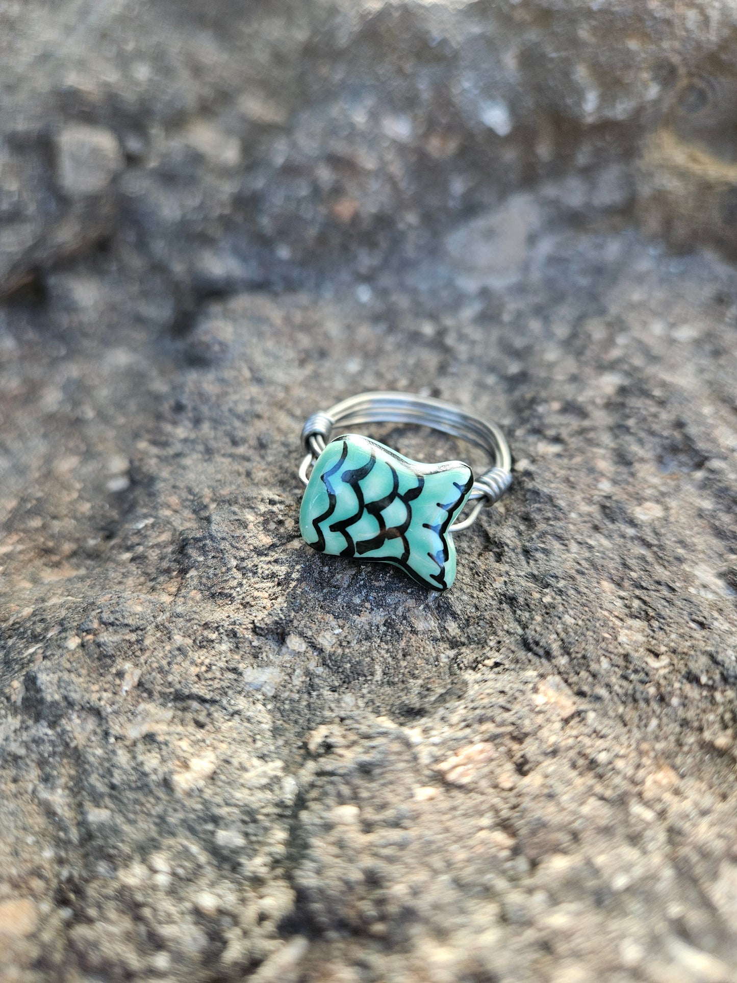 Mermaid Fish Tail Clay in Stainless Steel Wire Wrapped Ring