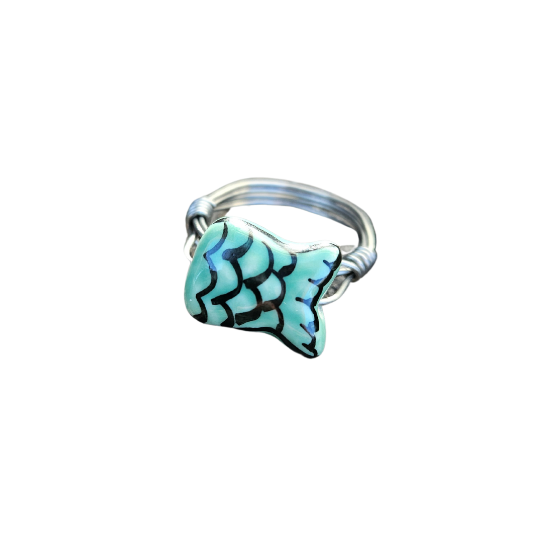 Mermaid Fish Tail Clay in Stainless Steel Wire Wrapped Ring