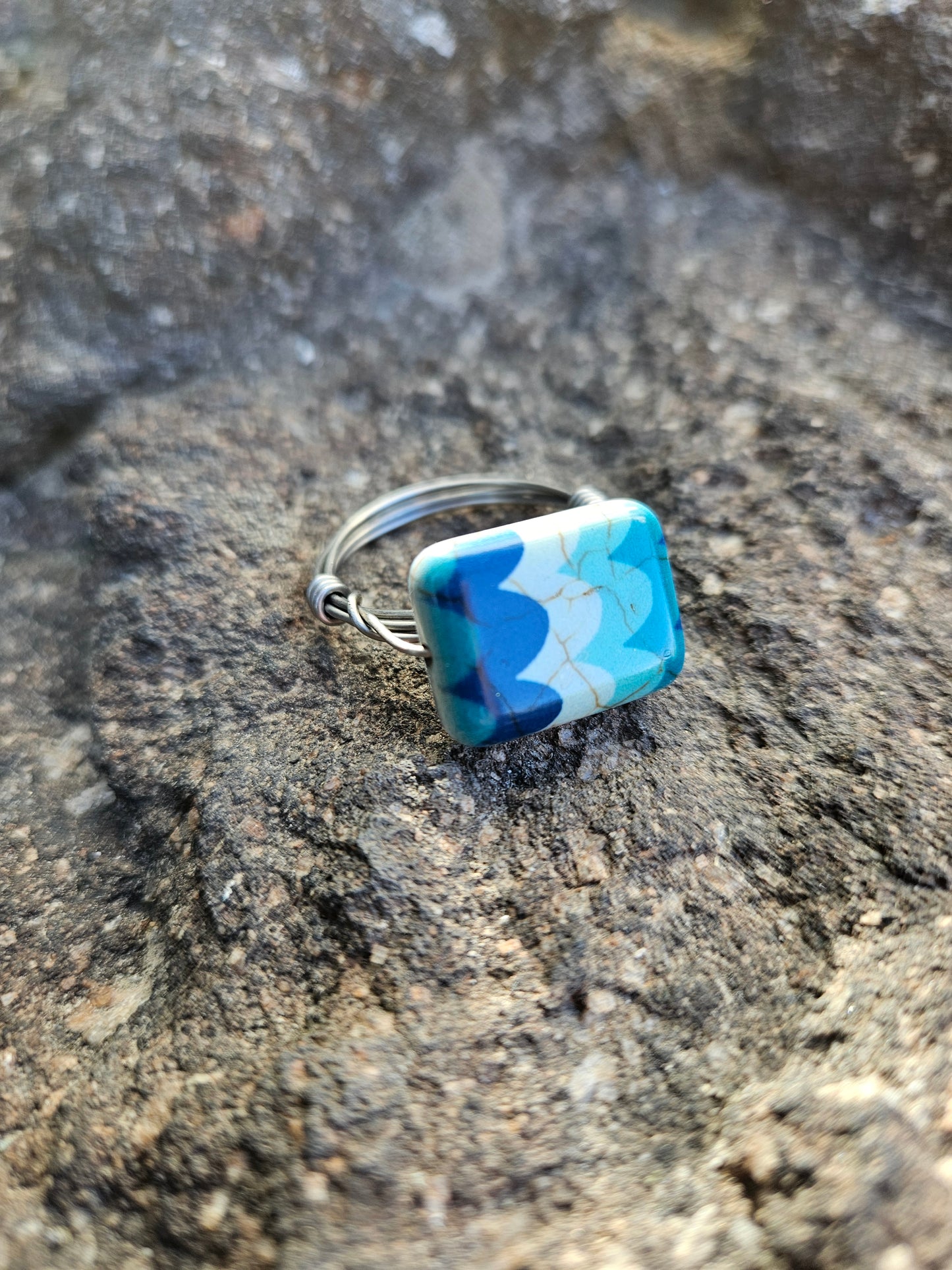 Blue Wave Glass in Stainless Steel Wire Wrapped Ring