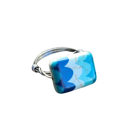 Blue Wave Glass in Stainless Steel Wire Wrapped Ring