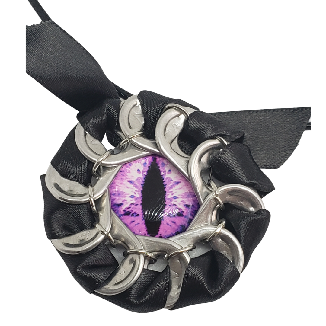 Dragon Eye Pop Tab Medallion Pendant - Purple Eye Black Ribbon