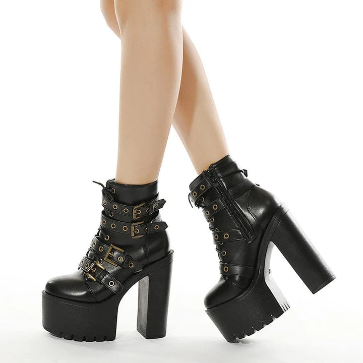 Women's Punk Buckles Chunky Heel Boots