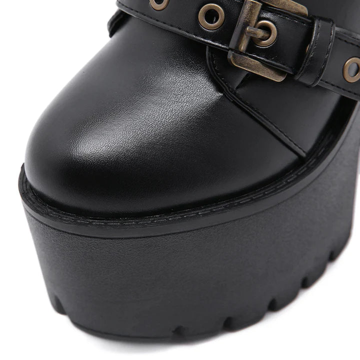 Women's Punk Buckles Chunky Heel Boots