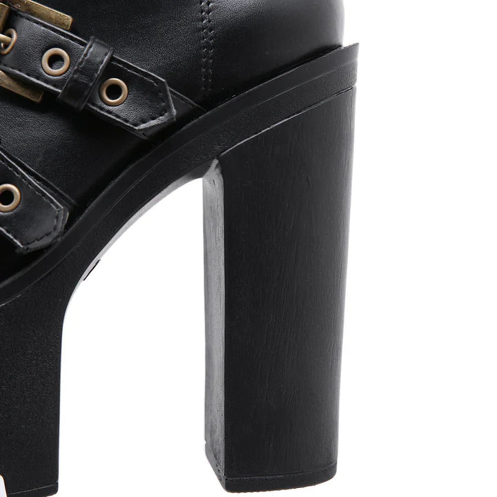 Women's Punk Buckles Chunky Heel Boots