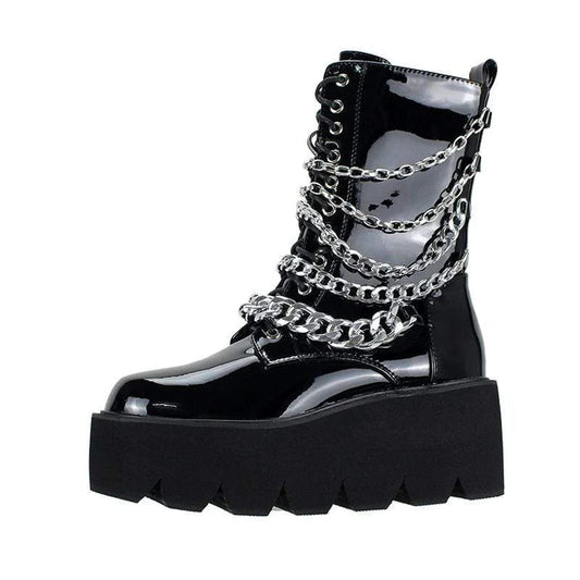 Women's Gothic Punk Patent Leather Boots with Chain