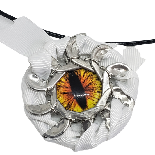 Dragon Eye Pop Tab Medallion Pendant - Orange Eye White Ribbon