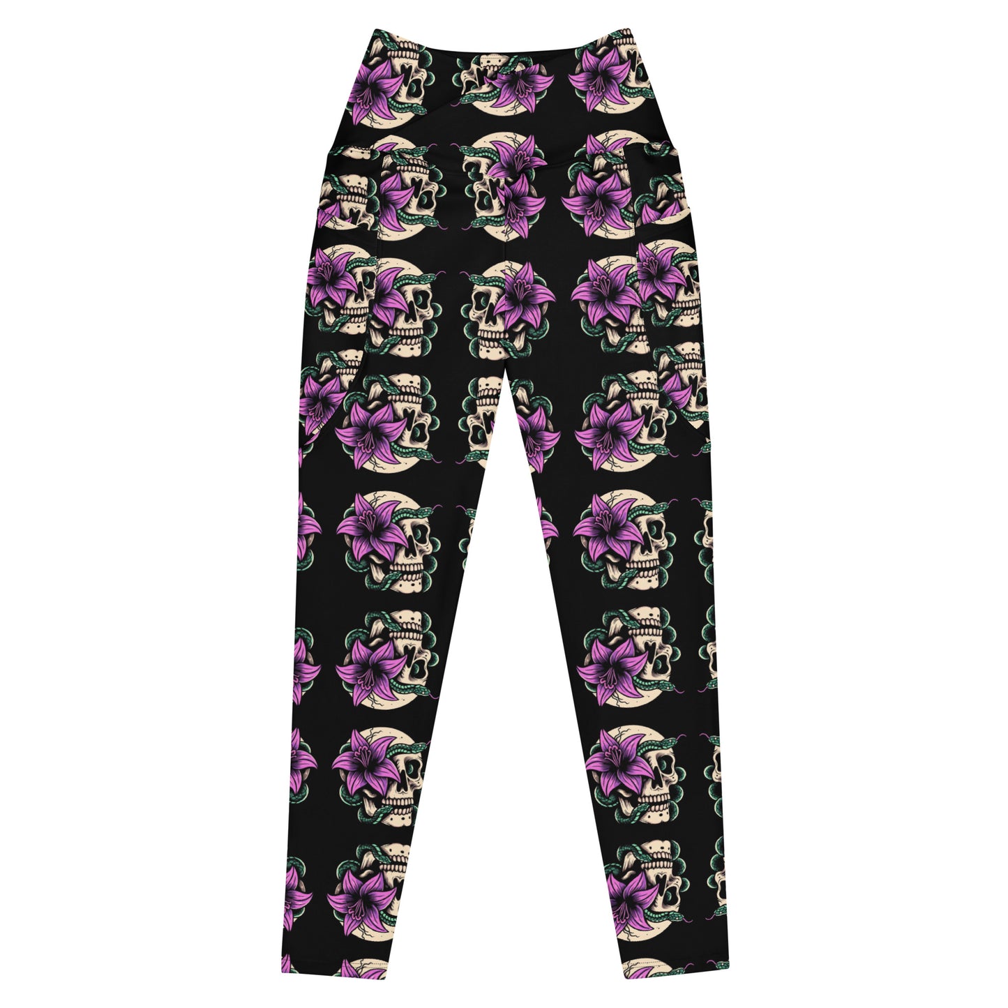 Skull Lily Snake Crossover Leggings with Pockets