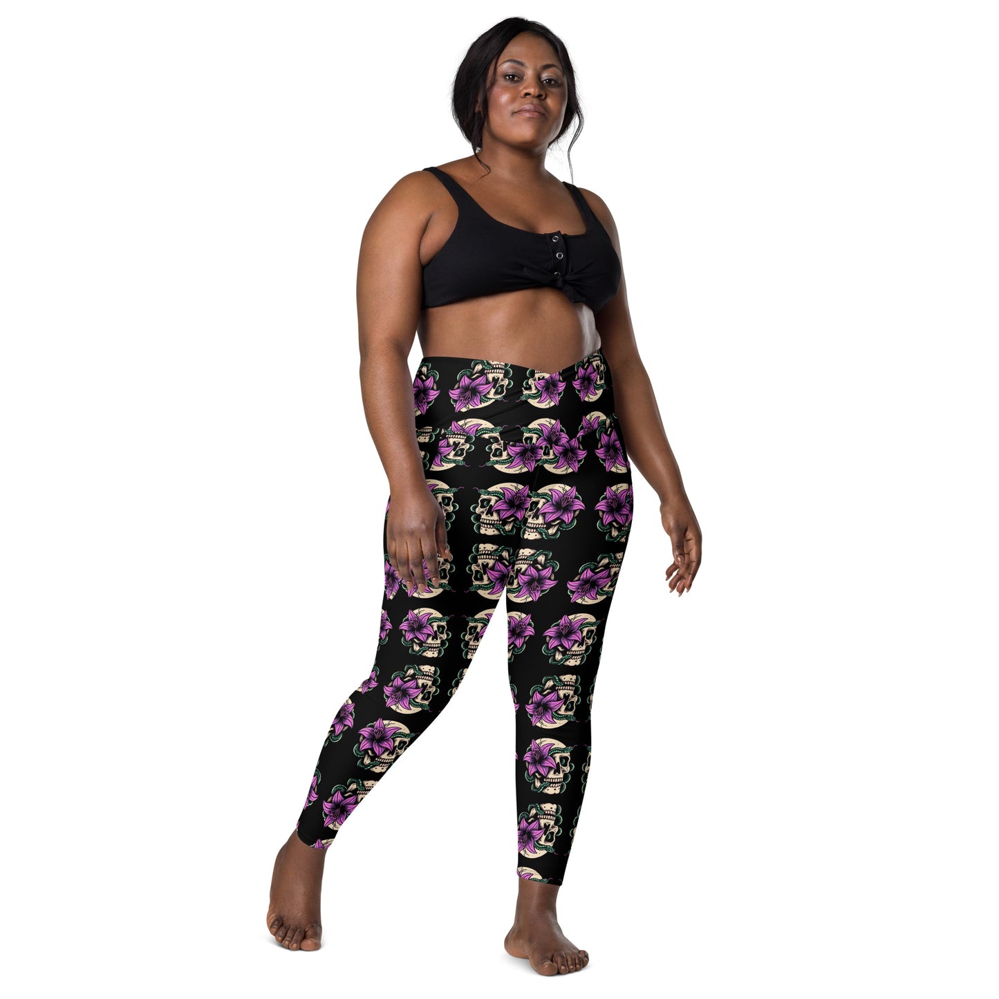 Skull Lily Snake Crossover Leggings with Pockets