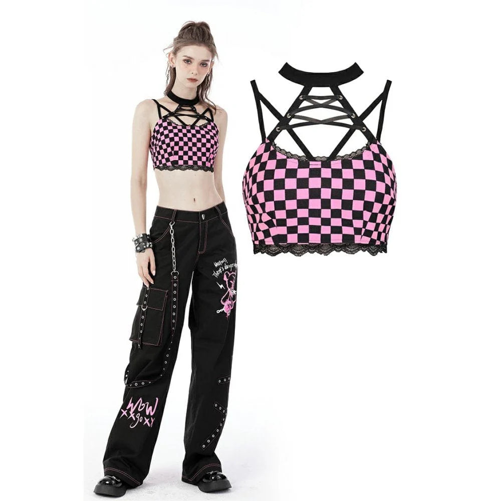 Women's Grunge Halterneck Black Pink Plaid Bustier