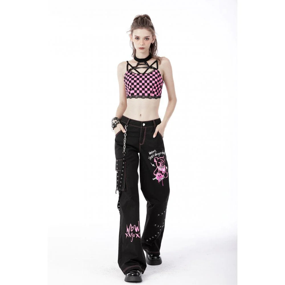 Women's Grunge Halterneck Black Pink Plaid Bustier