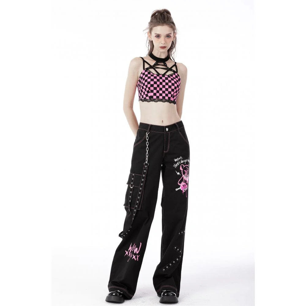 Women's Grunge Halterneck Black Pink Plaid Bustier