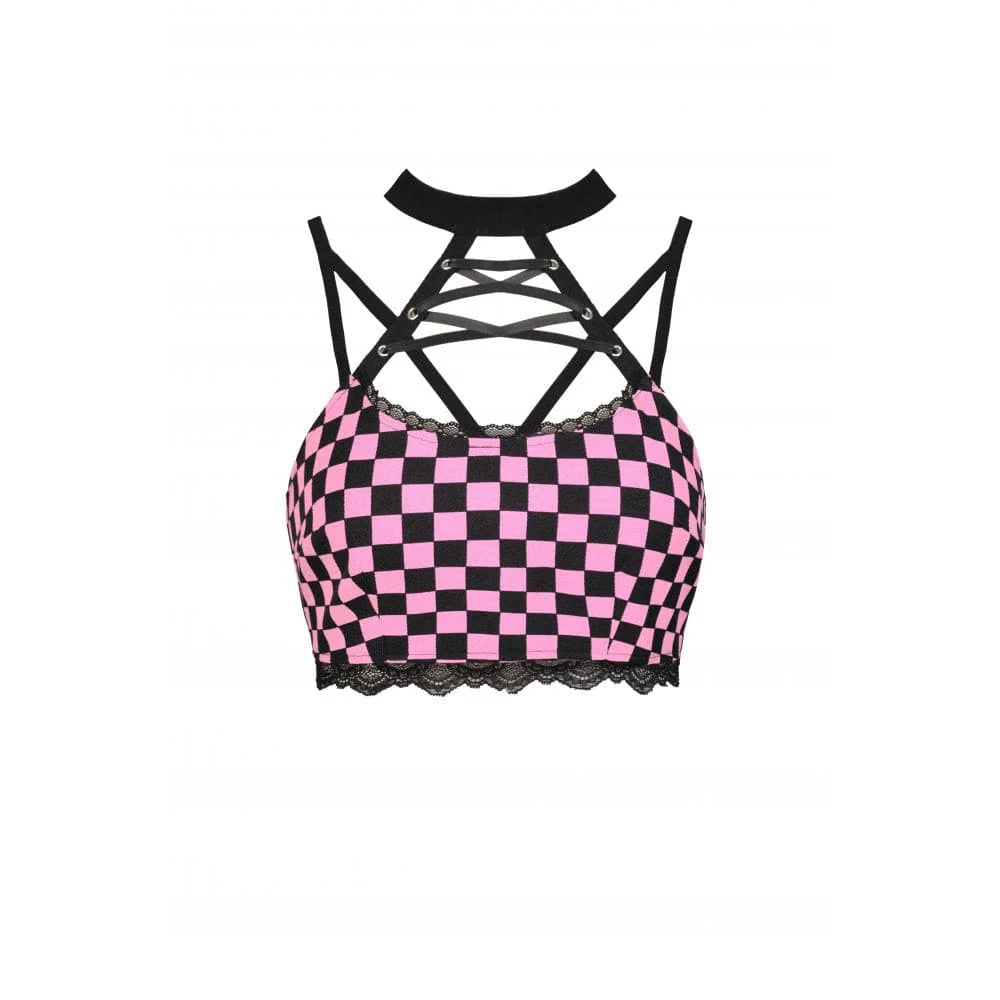 Women's Grunge Halterneck Black Pink Plaid Bustier