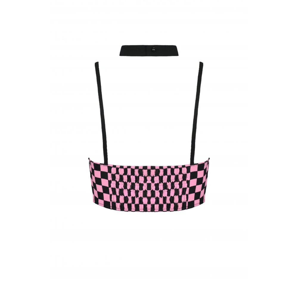 Women's Grunge Halterneck Black Pink Plaid Bustier