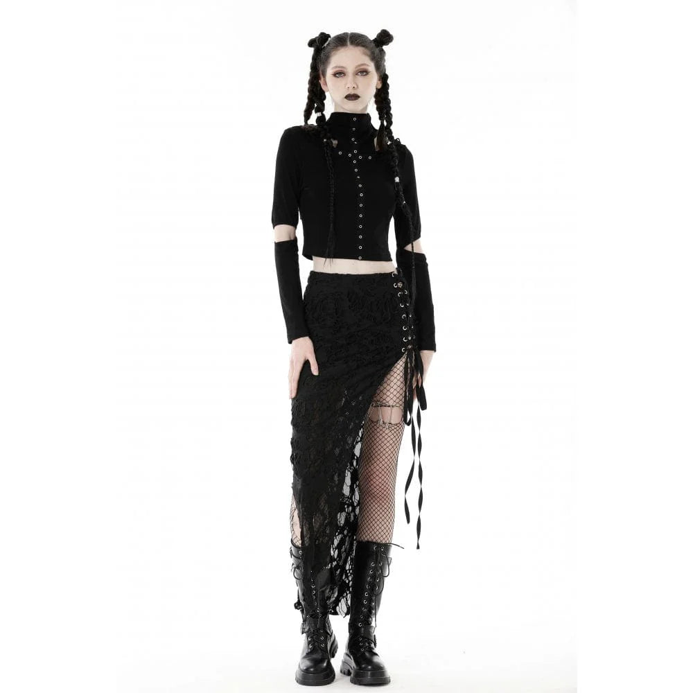 Women's Punk Cutout Eyelet Crop Top with Ripped Hood