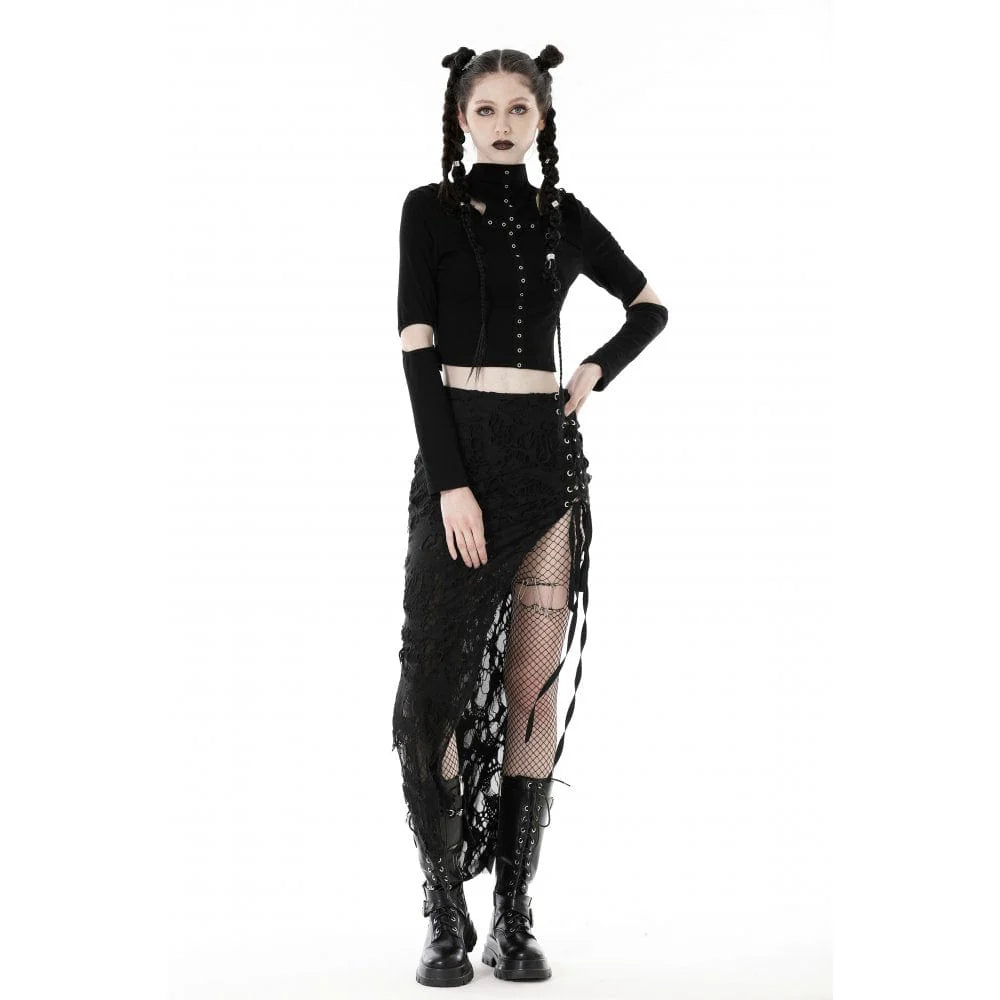 Women's Punk Cutout Eyelet Crop Top with Ripped Hood