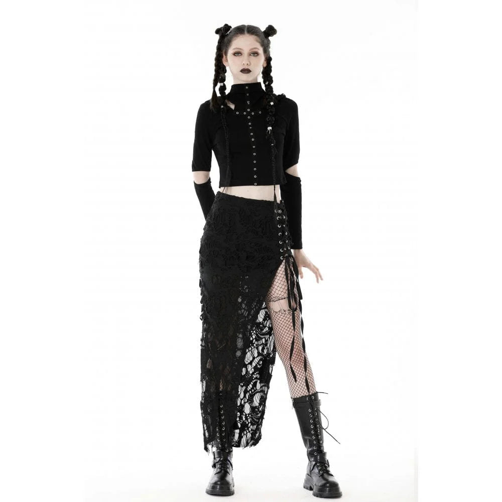 Women's Punk Cutout Eyelet Crop Top with Ripped Hood