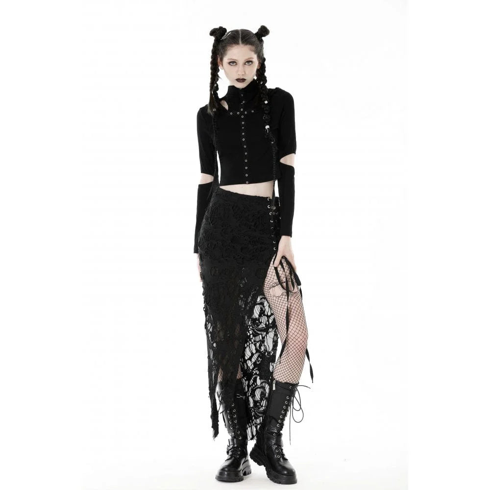 Women's Punk Cutout Eyelet Crop Top with Ripped Hood