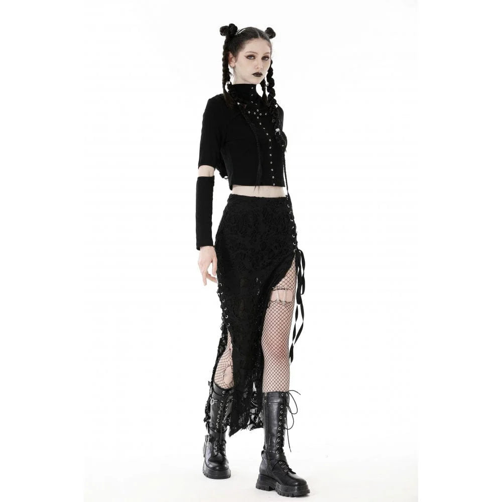 Women's Punk Cutout Eyelet Crop Top with Ripped Hood