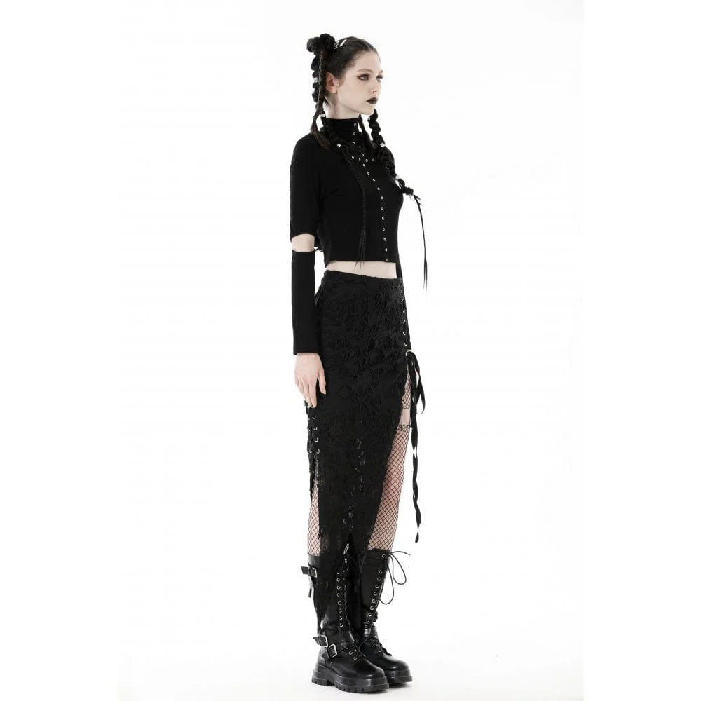 Women's Punk Cutout Eyelet Crop Top with Ripped Hood