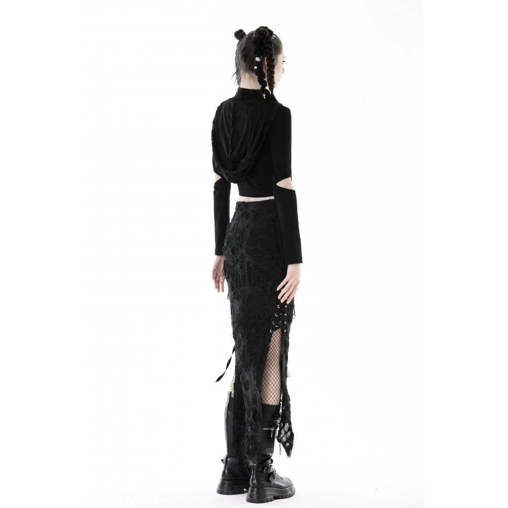 Women's Punk Cutout Eyelet Crop Top with Ripped Hood