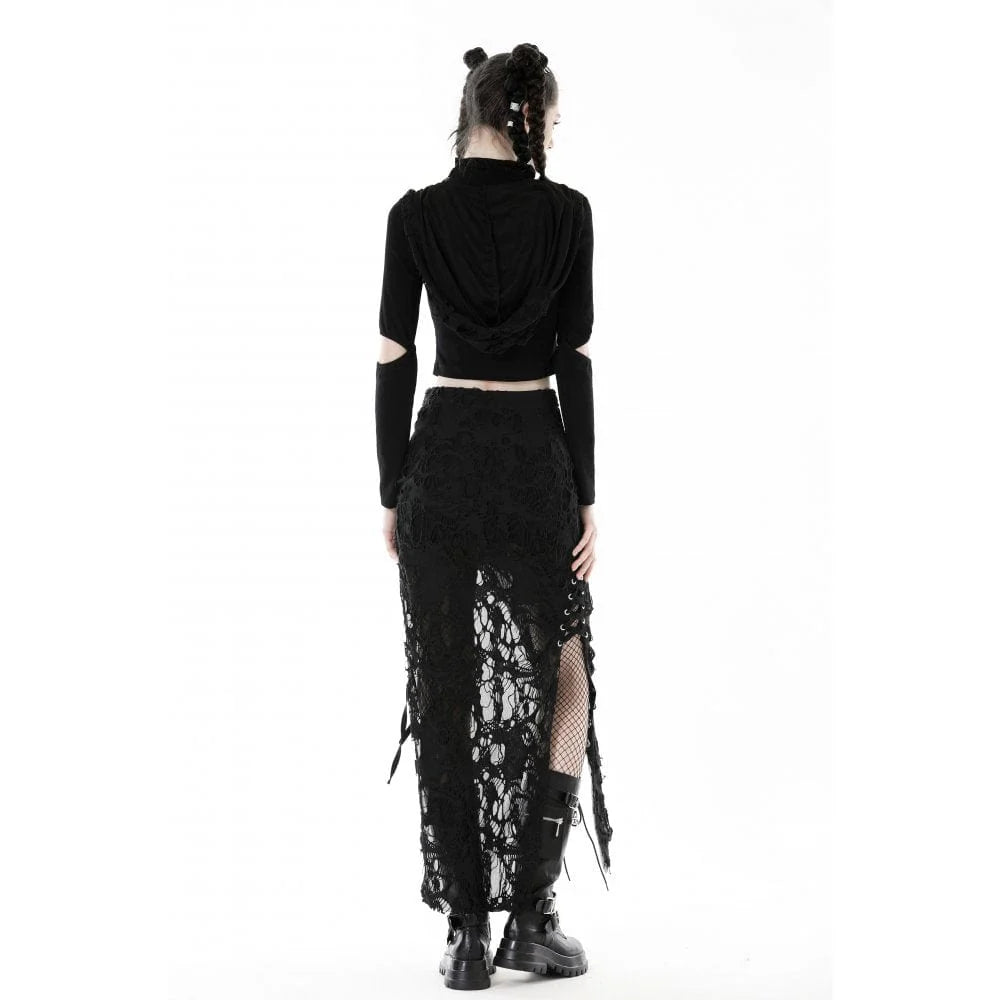 Women's Punk Cutout Eyelet Crop Top with Ripped Hood