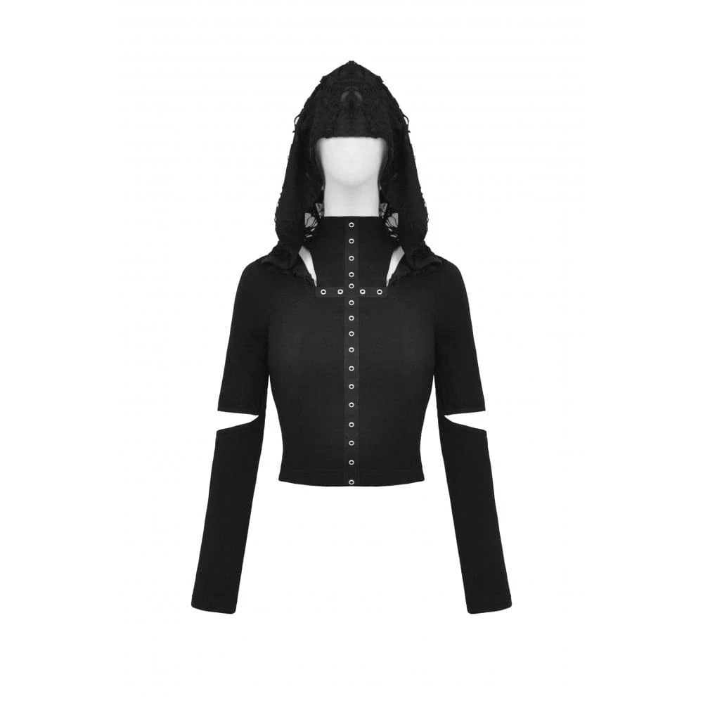 Women's Punk Cutout Eyelet Crop Top with Ripped Hood