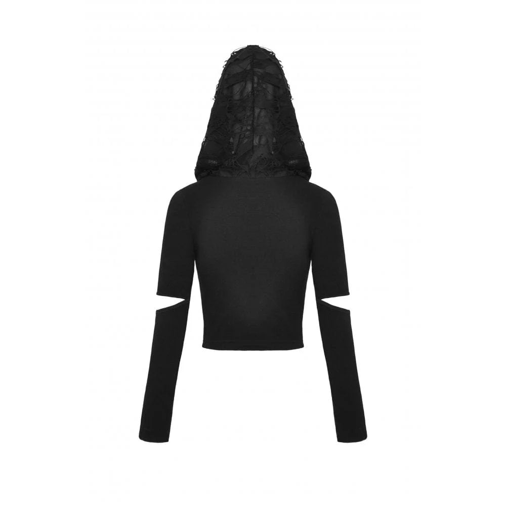 Women's Punk Cutout Eyelet Crop Top with Ripped Hood