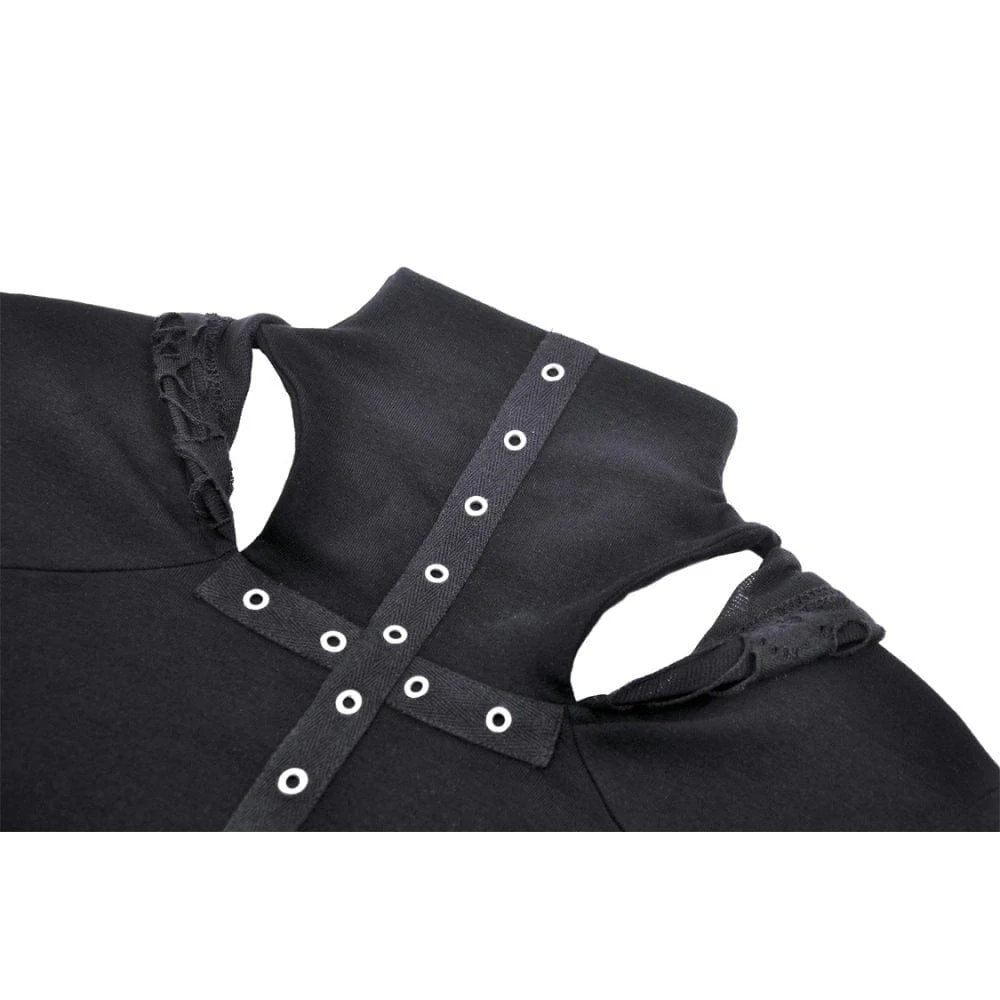 Women's Punk Cutout Eyelet Crop Top with Ripped Hood