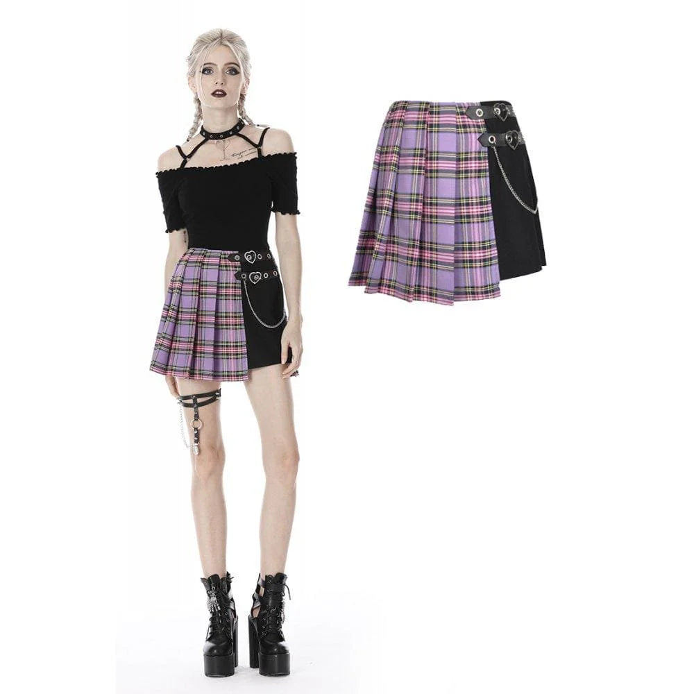 Punk Fake-two-layered Plaid Pleated Skirt