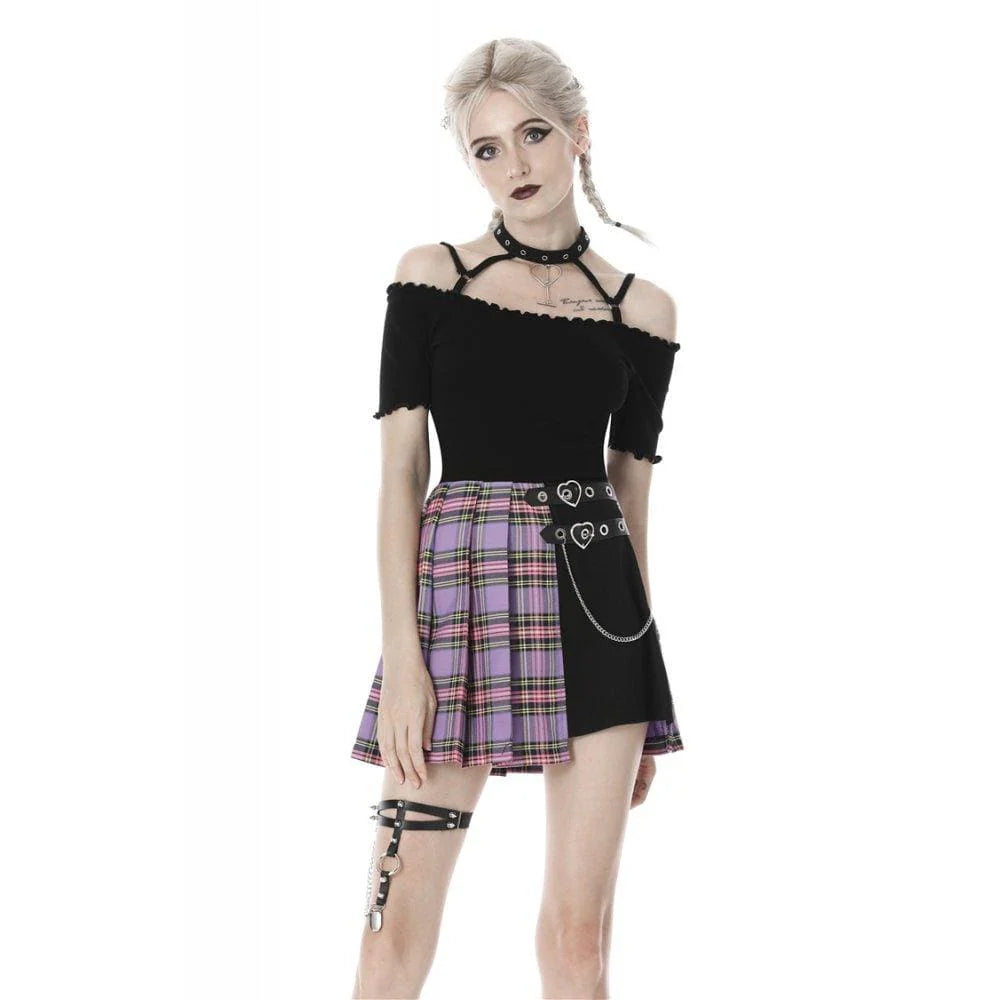 Punk Fake-two-layered Plaid Pleated Skirt