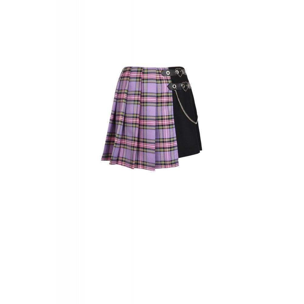 Punk Fake-two-layered Plaid Pleated Skirt