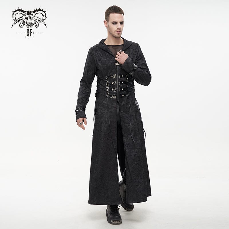 Men's Gothic Faux Leather Splice Long Coat with Hood