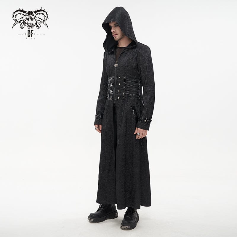 Men's Gothic Faux Leather Splice Long Coat with Hood