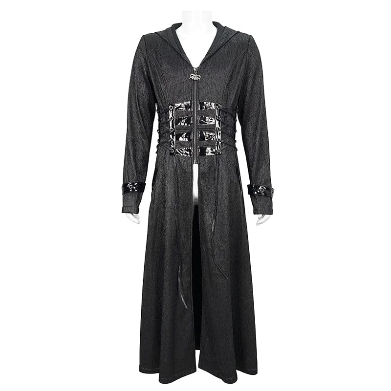 Men's Gothic Faux Leather Splice Long Coat with Hood