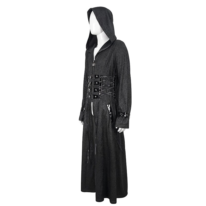 Men's Gothic Faux Leather Splice Long Coat with Hood