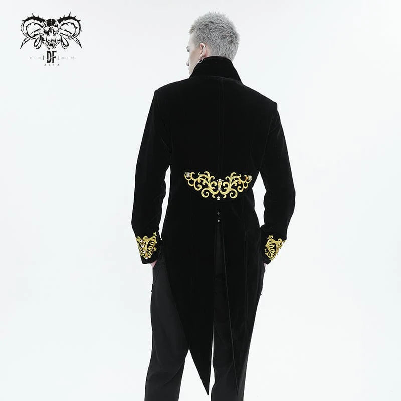 Men's Gothic Totem Embroidered Swallow-tailed Coat Black