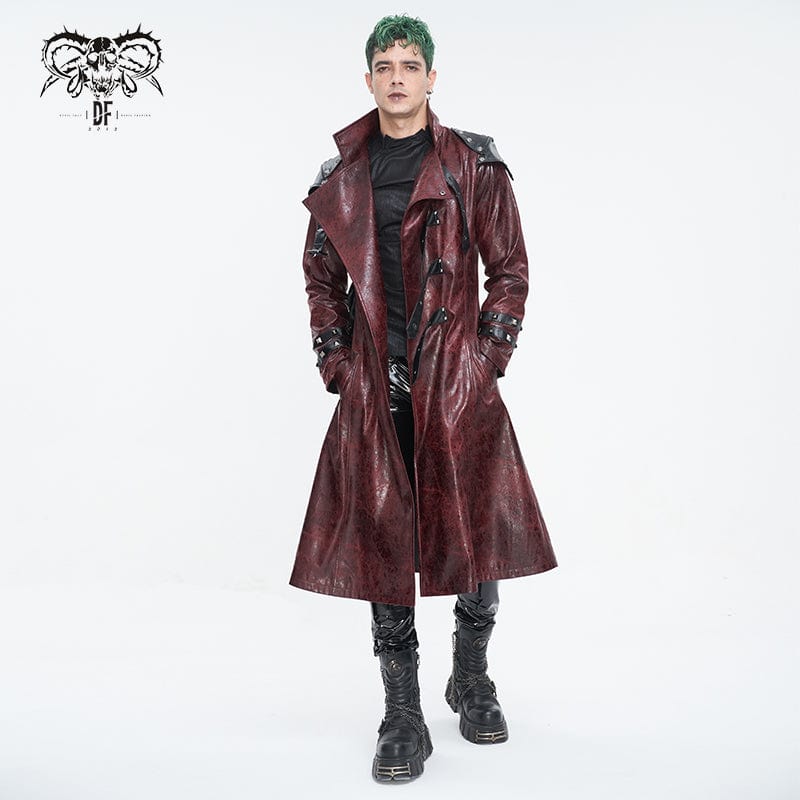 Men's Punk Stand Collar Multi-buckle Faux Leather Coat Red