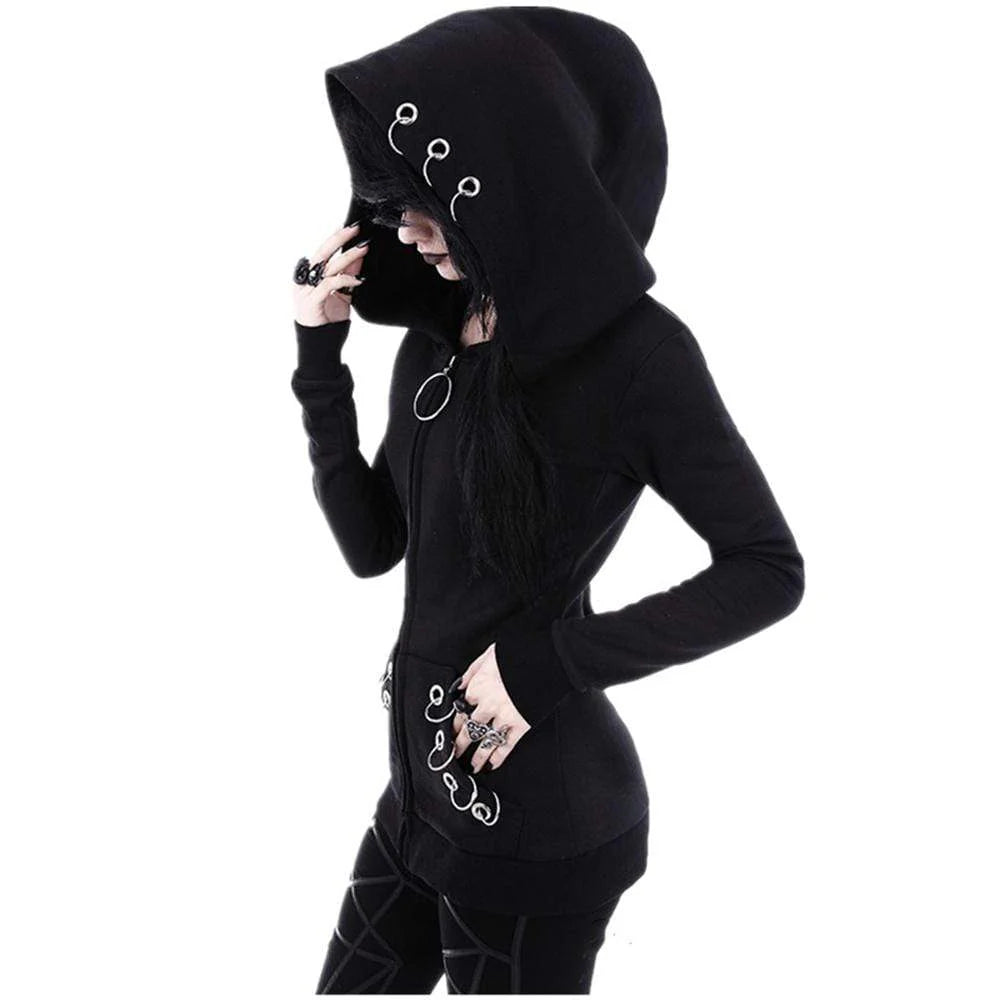 Women's Gothic Metal Rings Zipper Hooded Jackets